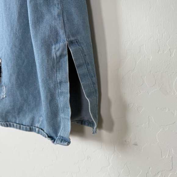 Pac Sun Boho Distressed Denim Chambray  Long Sleeve Button Down Shirt Large - Picture 7 of 12